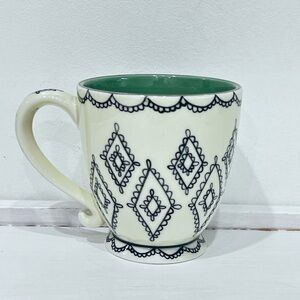 Vintage Starbucks 2002 Barista Footed Black Lace Diamonds Cream/Green Coffee Mug